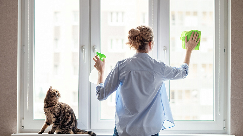 девушка моет окна