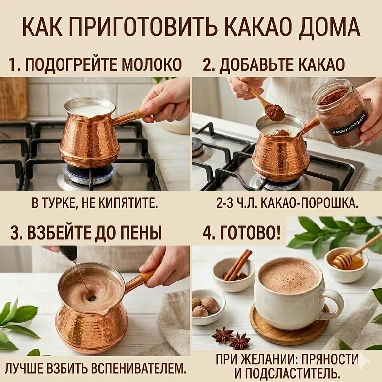 Пошаговая фотоинструкция варки домашнего какао в медной турке на газовой плите для получения густой пенки