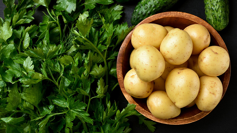 Свежий картофель и зелень фото